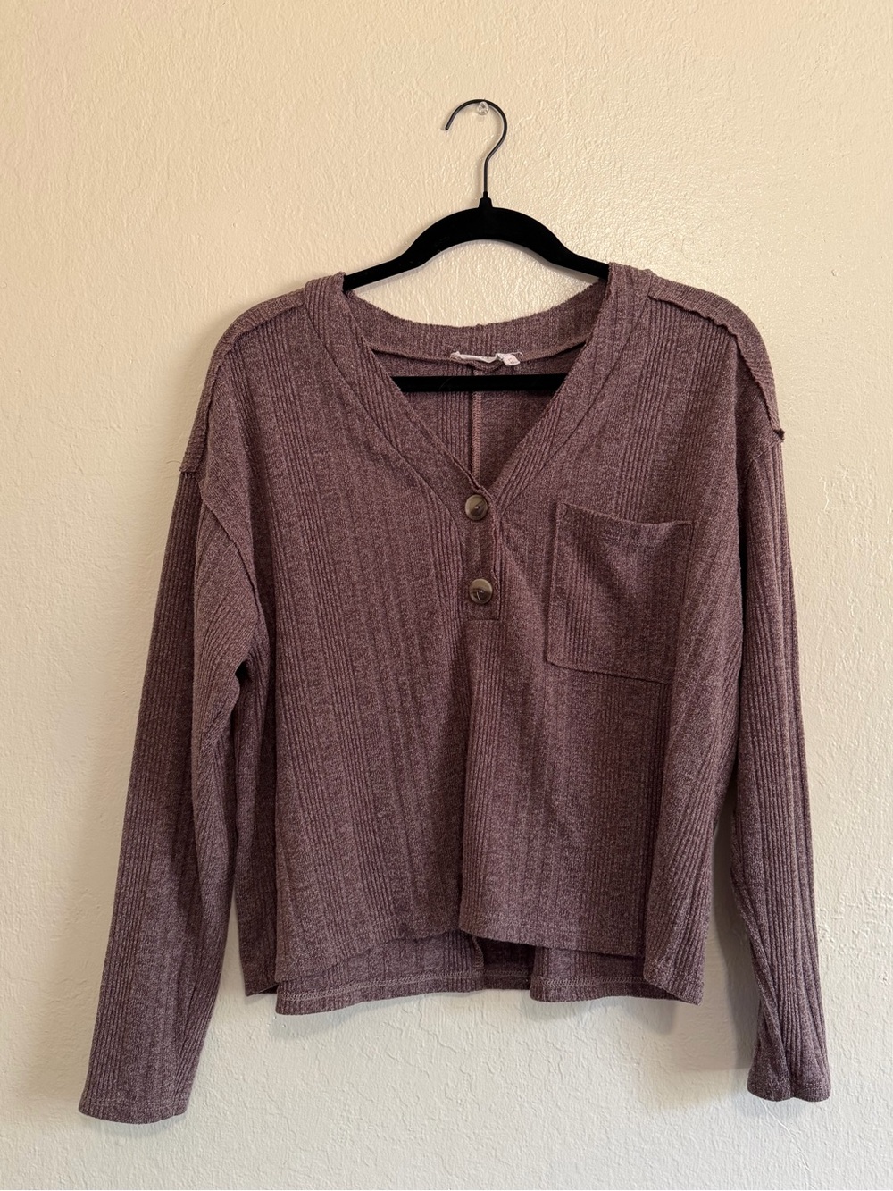 Lush Ribbed V-Neck Button Pocket Top - Mauve